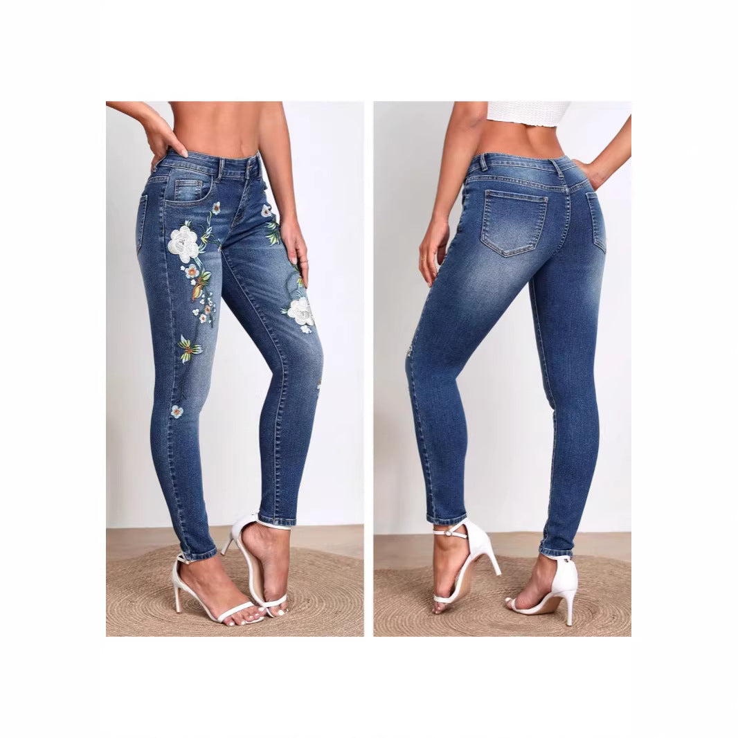 Womens Versatile Flower-Pattern Embroidered Skinny Jeans