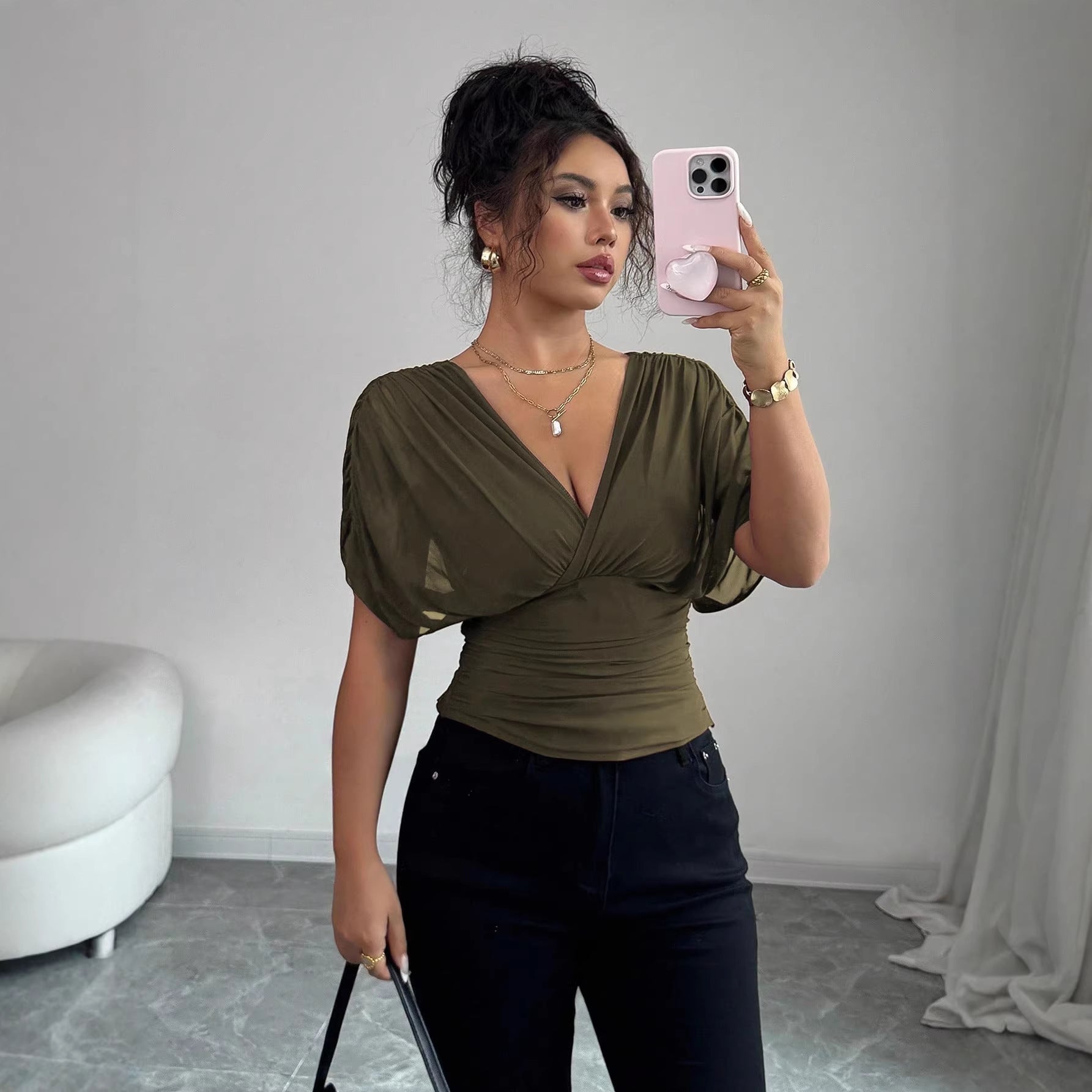 Solid-color Deep V-neck Short-sleeve Waist-cinching Top For Women