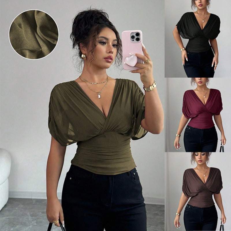Solid-color Deep V-neck Short-sleeve Waist-cinching Top For Women