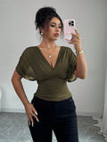 Solid-color Deep V-neck Short-sleeve Waist-cinching Top For Women