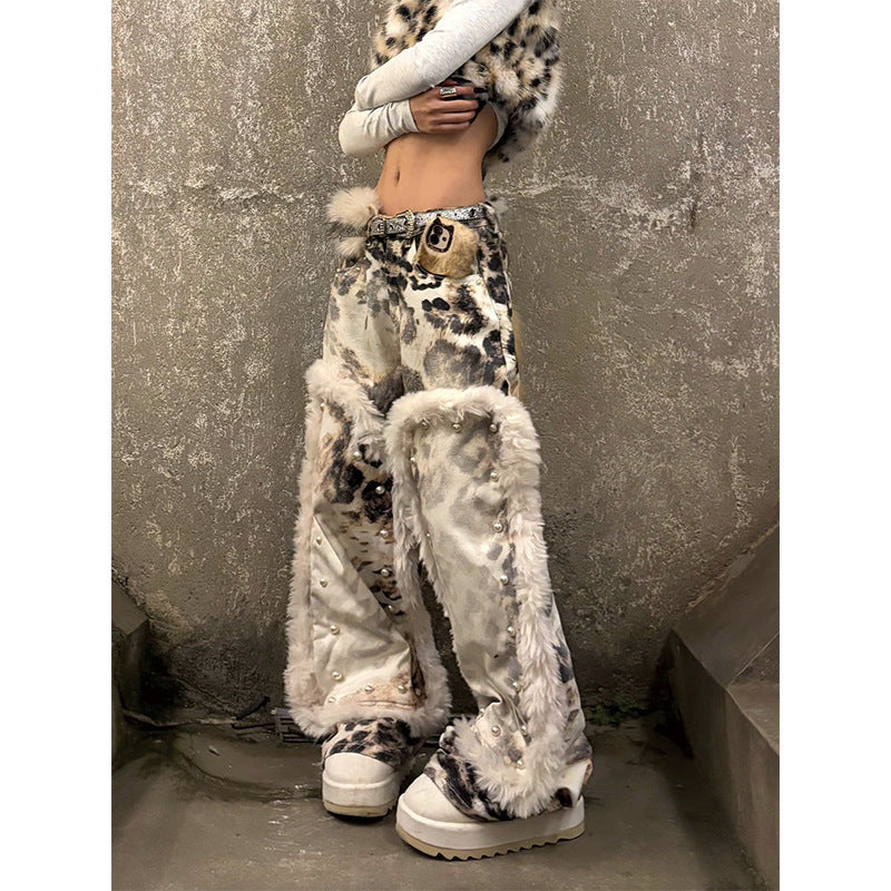 Womens American-Style Retro Leopard-Print Plush-Patchwork Denim Jeans